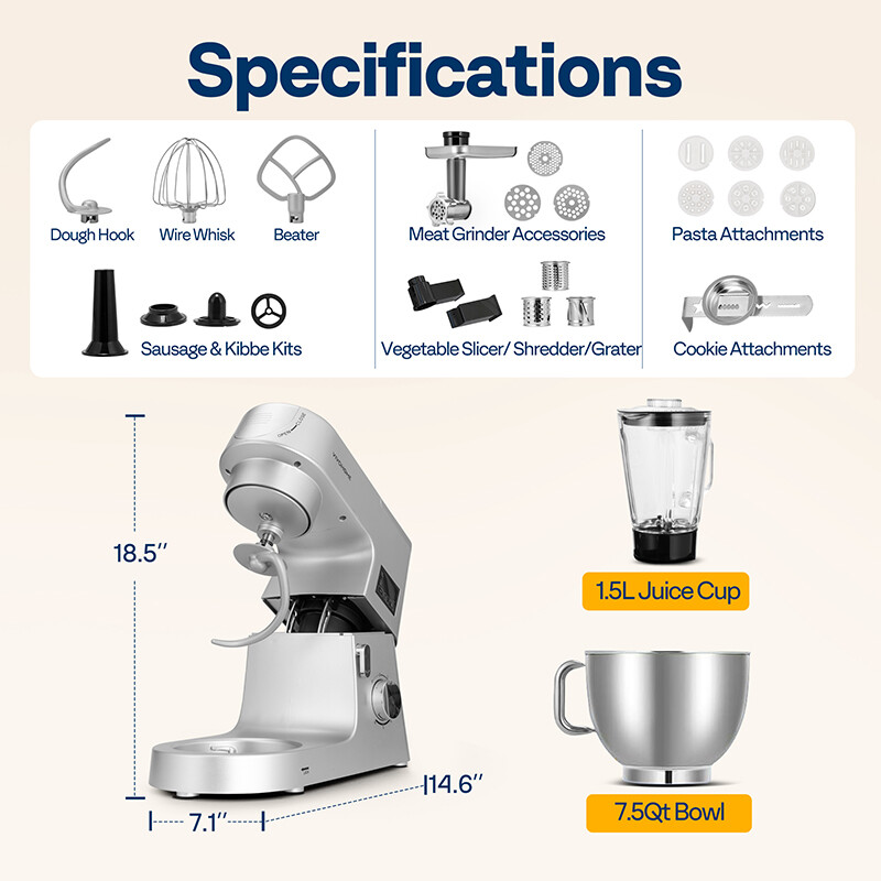 9in1 Stand Mixer 6 Speed 7.5Qt w/ Fermentation Timer Meat Grinder Juicer Slicer