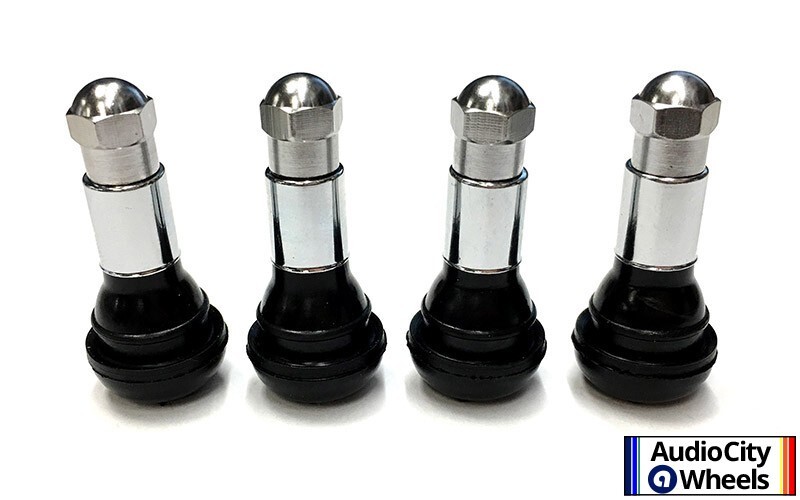 TR413 SNAP-IN TIRE VALVE STEMS WITH CAPS CHROME BLACK RUBBER (4pcs)