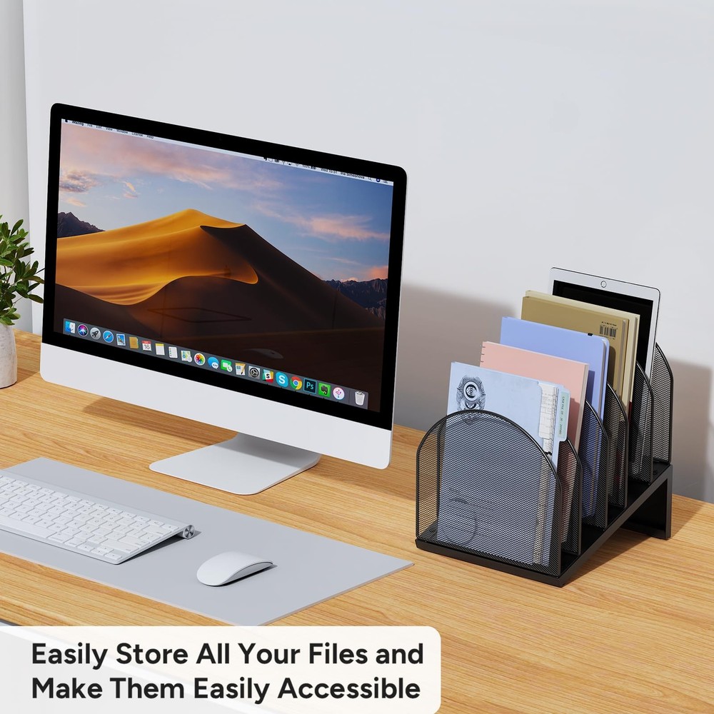 5-Section Desk File Organizer, Metal Mesh Folder Organizer for Documents, & O...