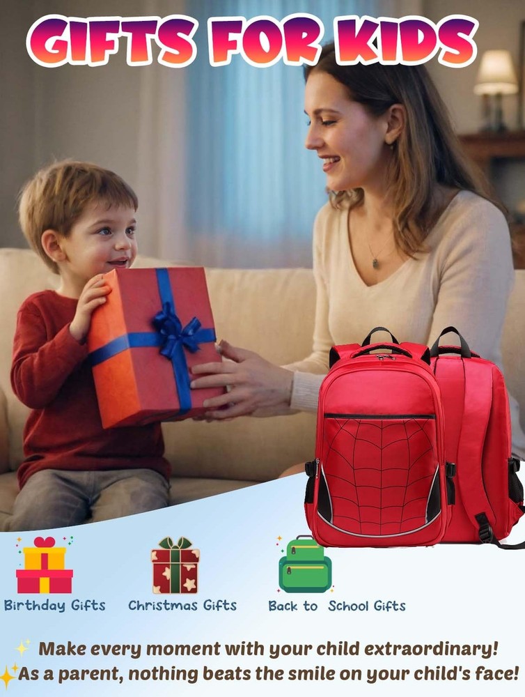 Boys Backpack for Kindergarten Elementary School, Large Compartments, 17" Red