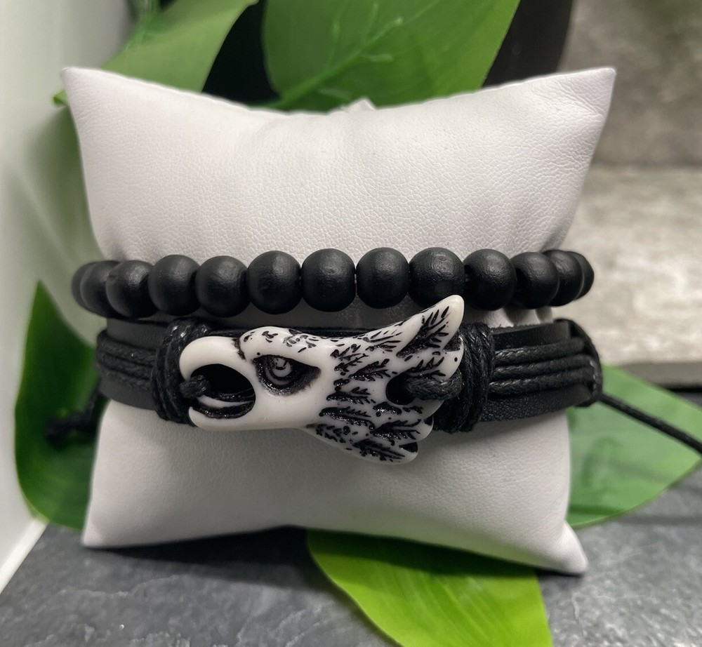 2 PC Leather Wood Bracelet Stackable Adjustable Tie Free Ship Eagle B3292