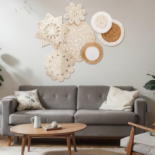 7 Pcs Boho Wall Baskets Decor Hanging Rustic Rattan Wicker Wall Baskets Round