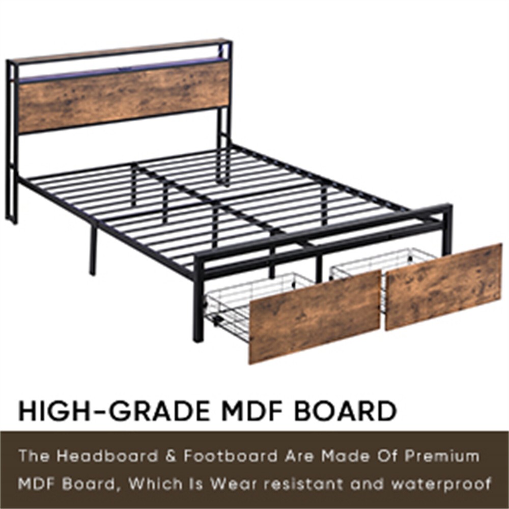 Queen Size Bed Frame with Storage Headboard & 2 Drawer Metal Platform Bed