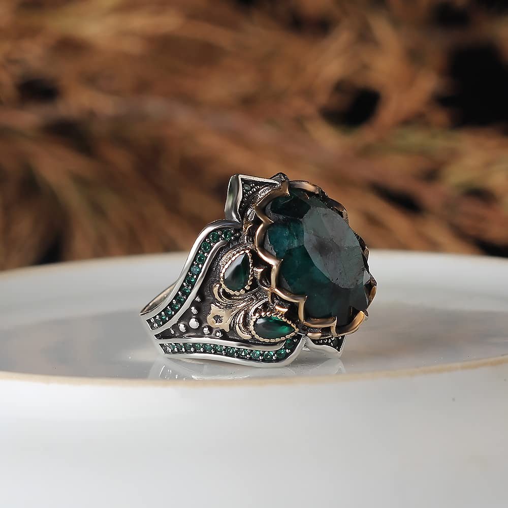 Emerald Stone Men Silver Ring, 925 Sterling Silver Emerald Gemstone Ring,
