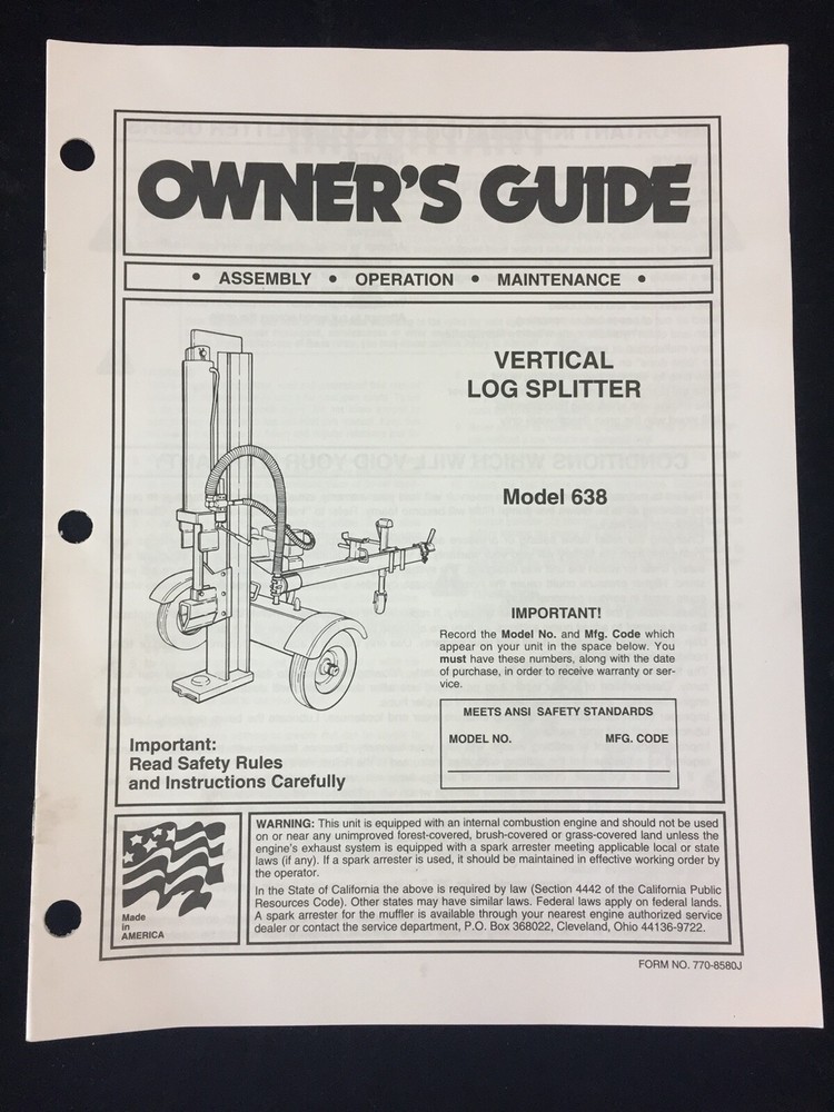 MTD VERTICAL LOG SPLITTERS MODEL 638 OWNER'S GUIDE. 16 PAGES.
