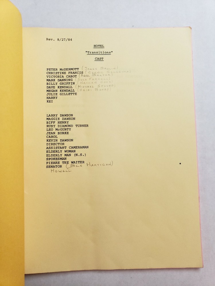 HOTEL / Arthur Hailey 1984 Script, CONNIE SELLECCA & JAMES BROLIN "Transitions"