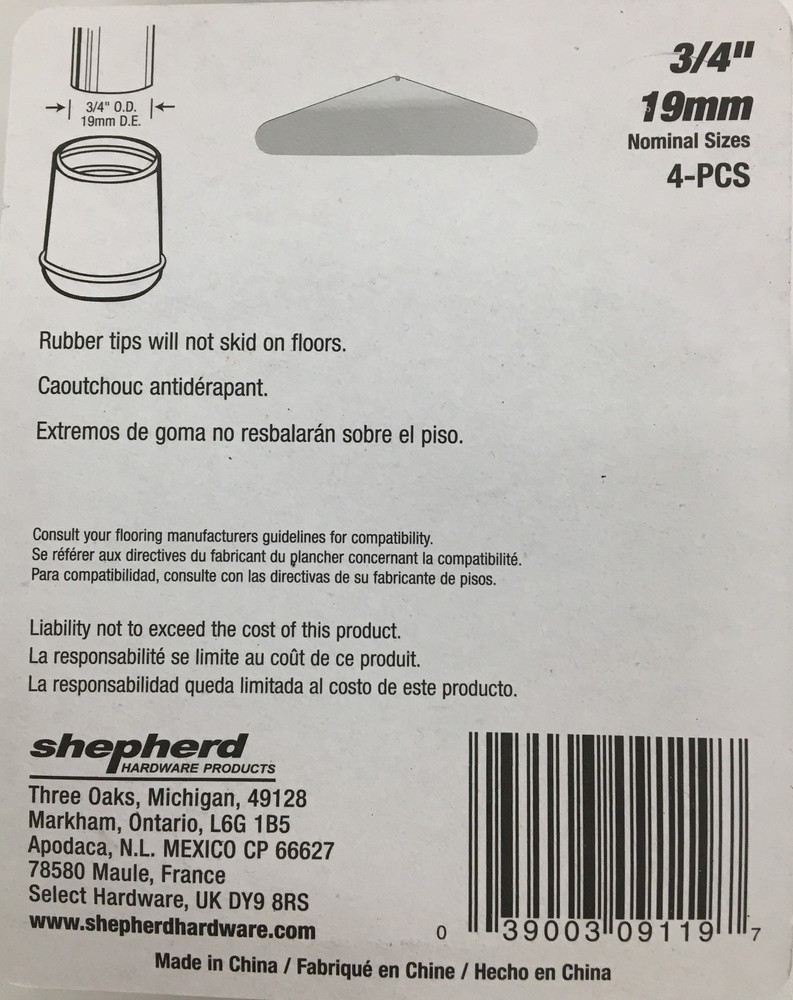 Shepherd 9119 3/4-Inch Rubber Leg Tips, 4-Pack