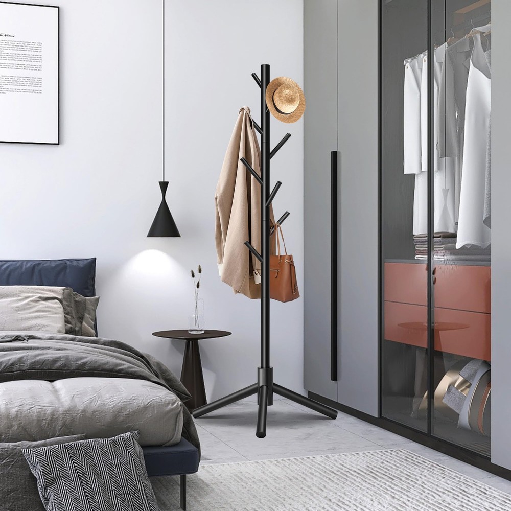 Durable Wooden Coat Rack, Freestanding with Stable Triangular Base 8 Hooks