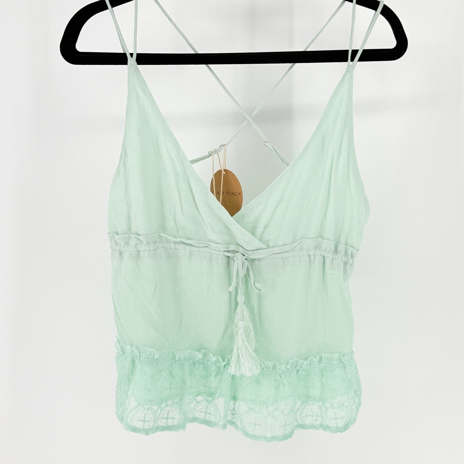 Honey Punch Anthropologie New Small Fairy Y2K Mint Green Lace Tassel Cami Top