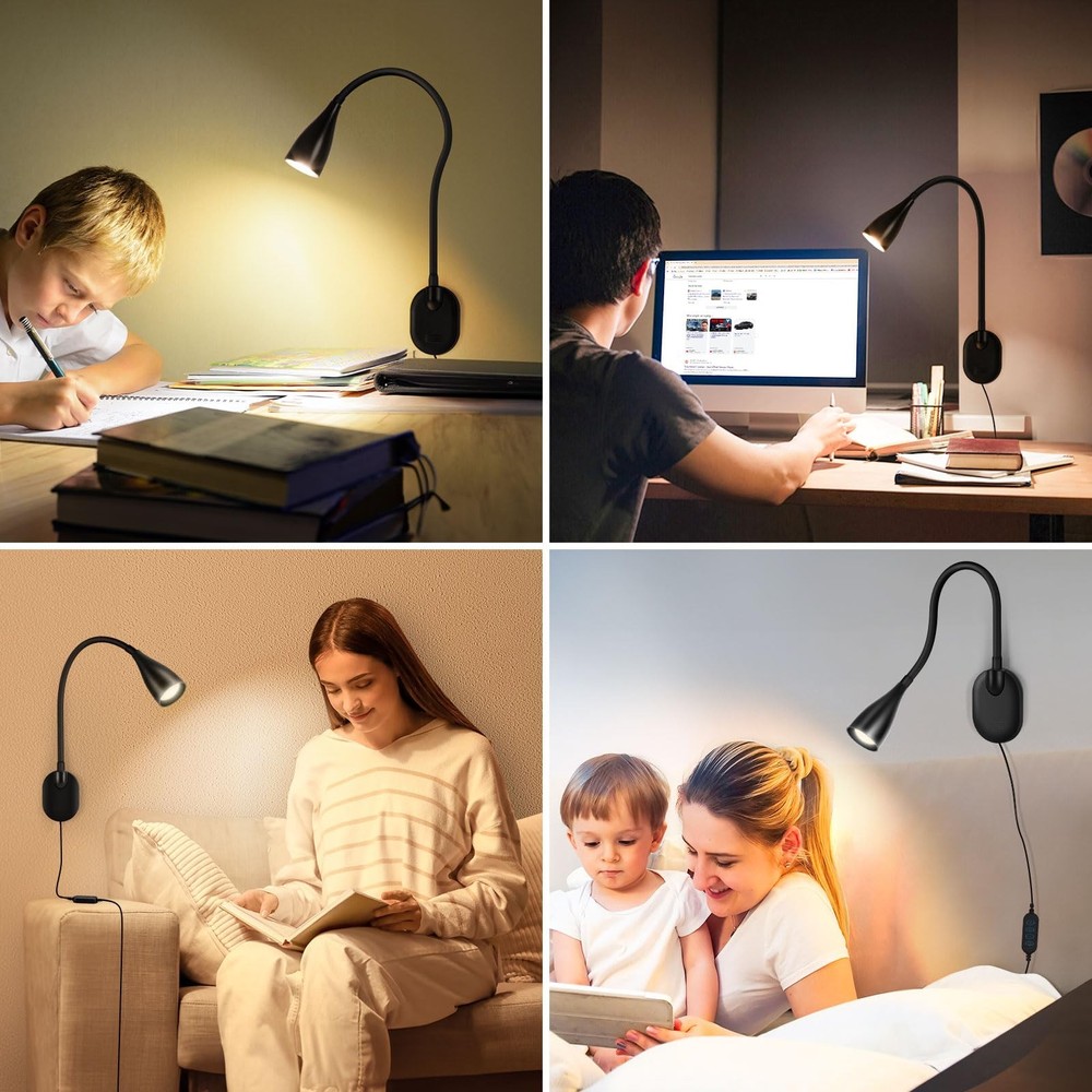 Wall-Mounted LED Bedside Reading Light with USB Charging Port, 10-Level Dimma...