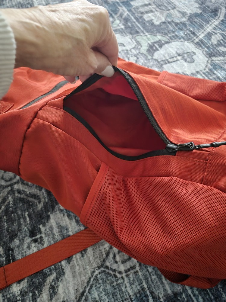 Fabletics "The Only Backpack" Orange Nylon NWOT Multiple Pockets Roll Down Top