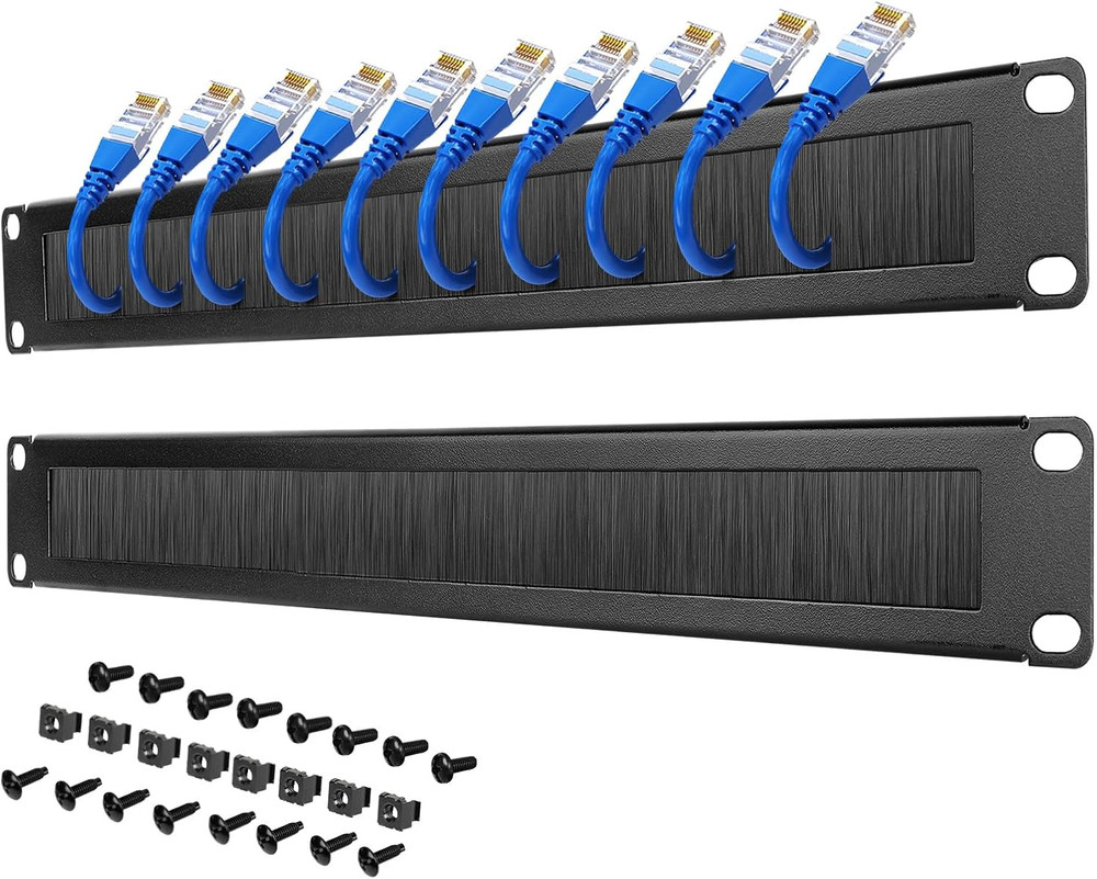 1U Rack Mount Cable Management Panel with Brush, Black, 2-Pack