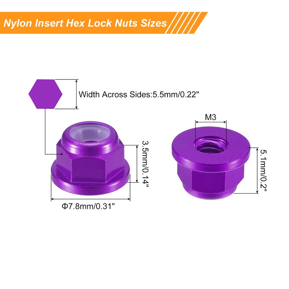 Nylon Insert Hex Lock Nuts, 4pcs - M3x0.5mm Self-Locking Nut(Purple)