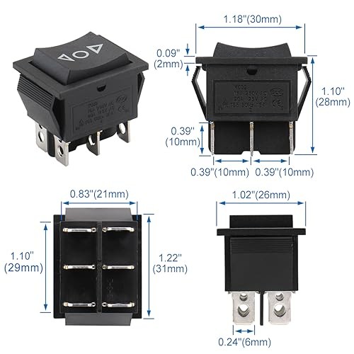 -Pack Rocker Switch, KCD2-223 (ON)/Off/(ON) DPDT 6-Pin6A 1 Momentary