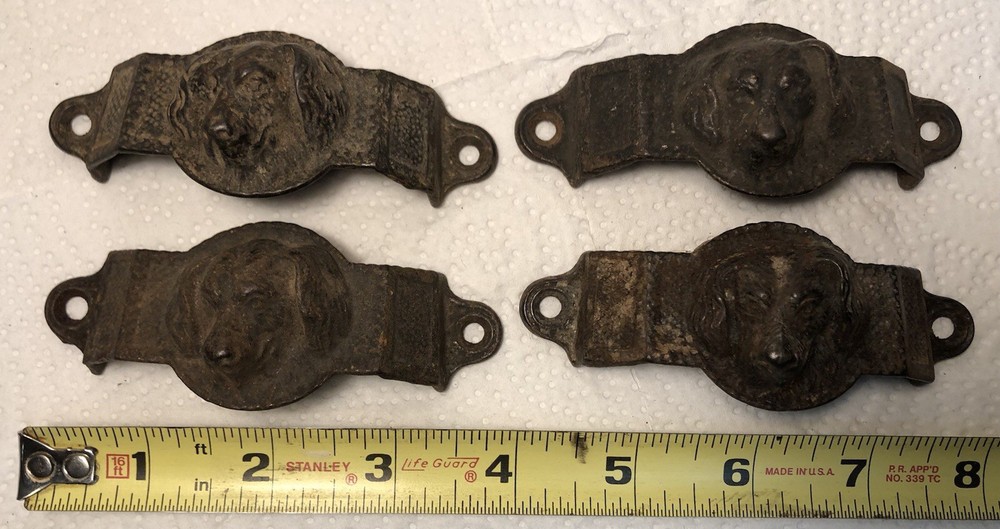 4 Antique Dog Head Drawer Pulls