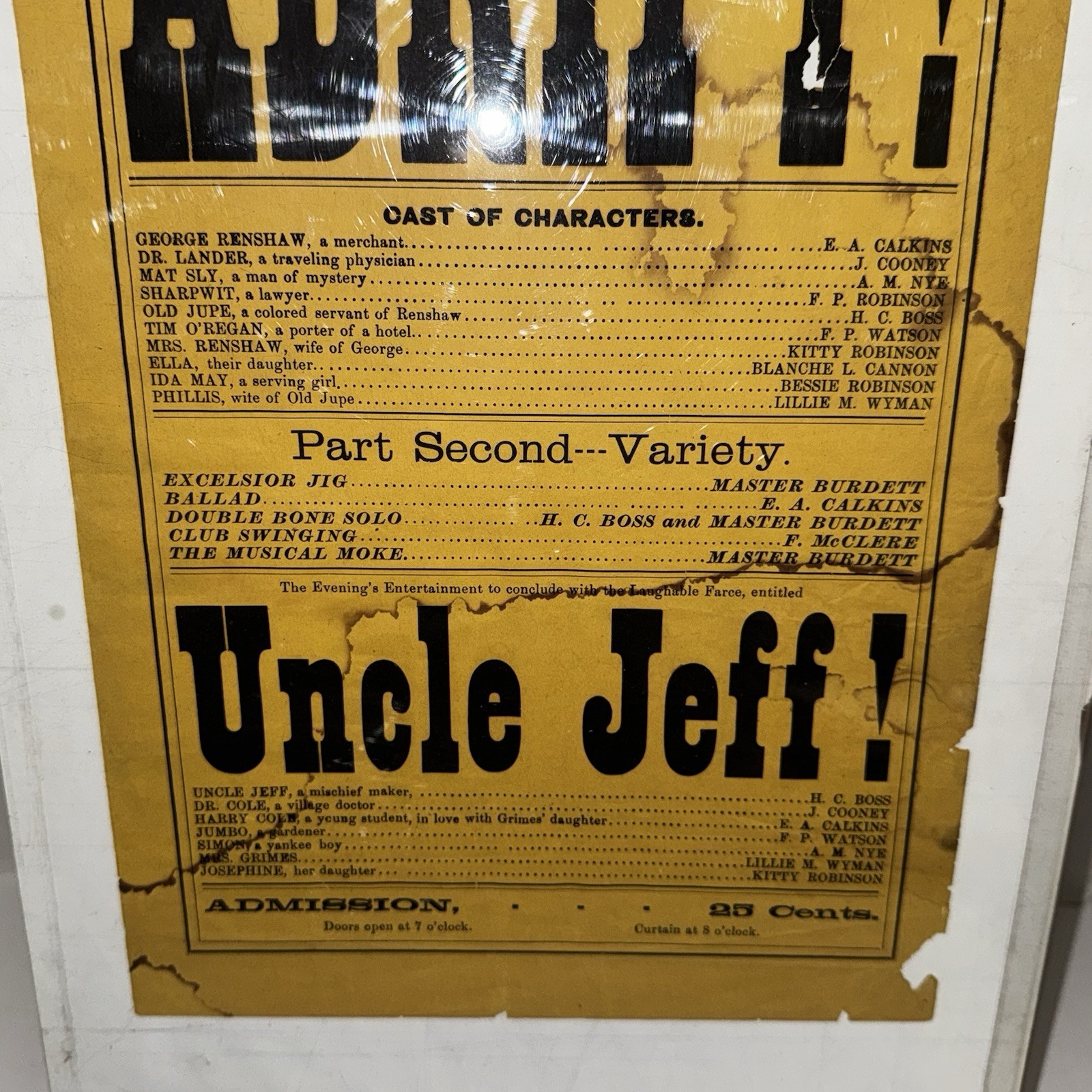 Antique 1880s Carlton’s Combination Adrift Uncle Jeff Theater Broadside Poster