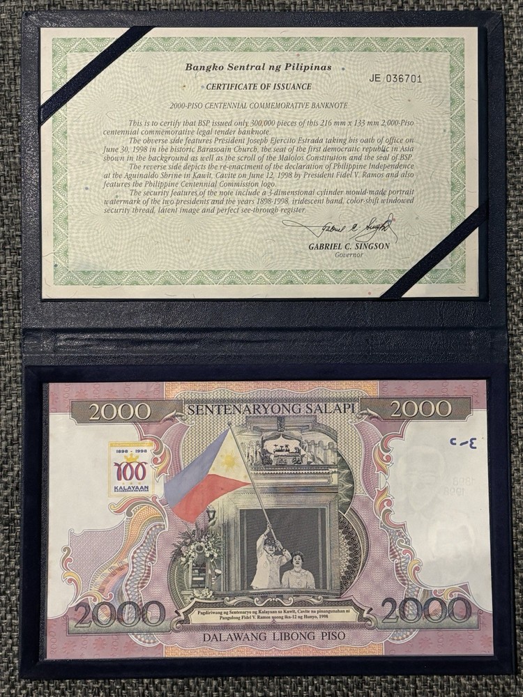 PHILIPPINES 2000 Piso 1998, P-189a Large Commemorative, UNC w/ Original Folder