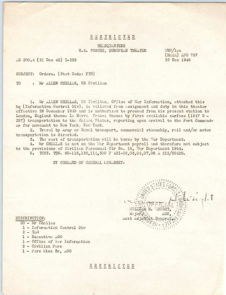 WWII ETO Headquarters Restricted Office Of War Information Orders