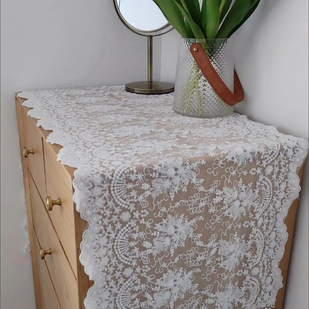 White Vintage Embroidered Lace Table Runner Dresser Scarf Doily Wedding Party