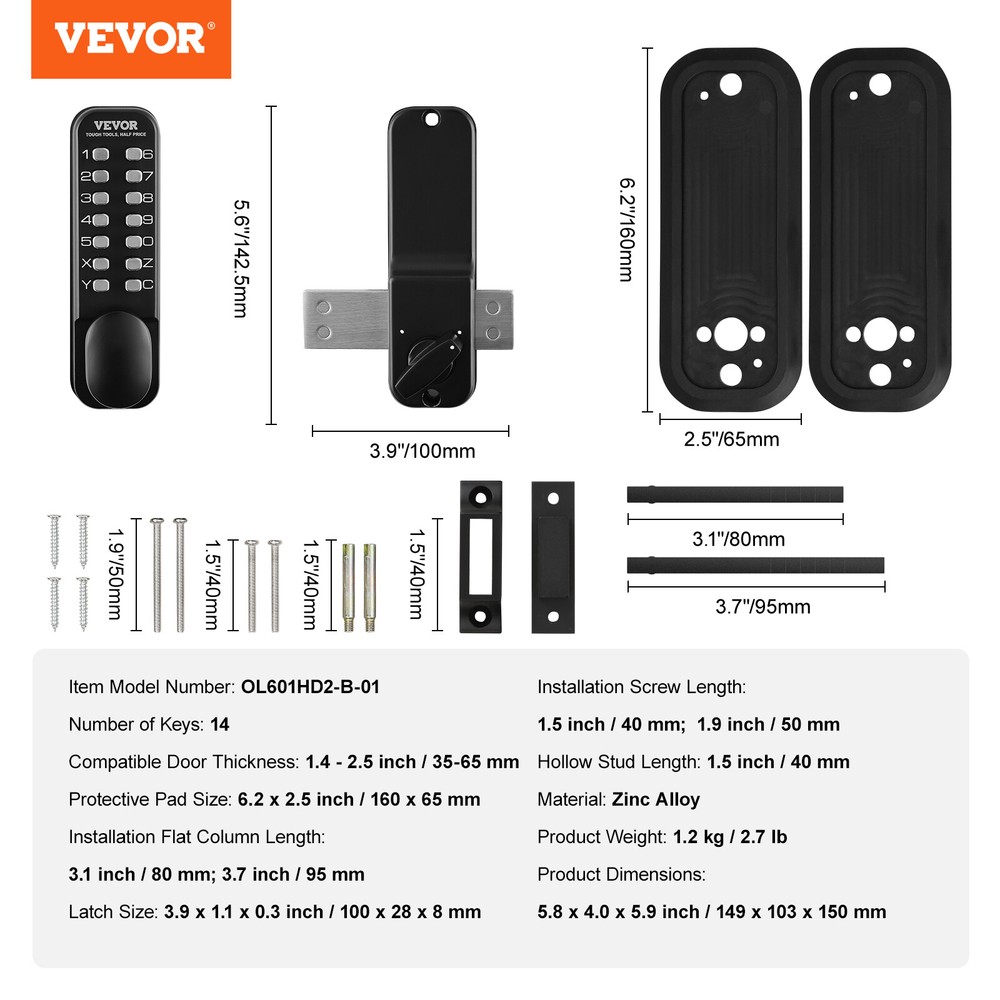 VEVOR Mechanical Keyless Entry Door Lock 14 Digit Keypad Surface-mounted Latch
