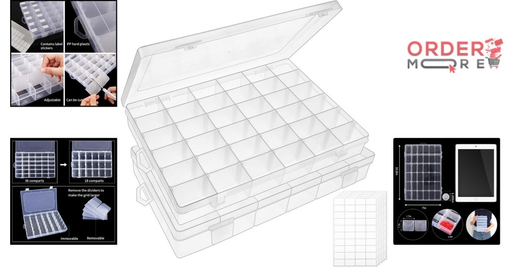 2 Pack Clear Plastic Bead Organizer Box 36 Grids Adjustable Compartment Storage