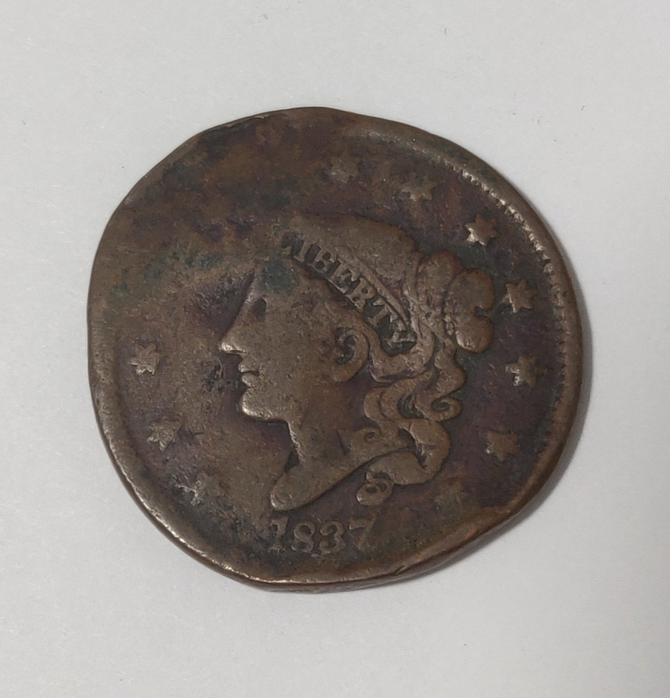 1837 LARGE CENT CORONET HEAD DAMAGED + BENT + SMASHED