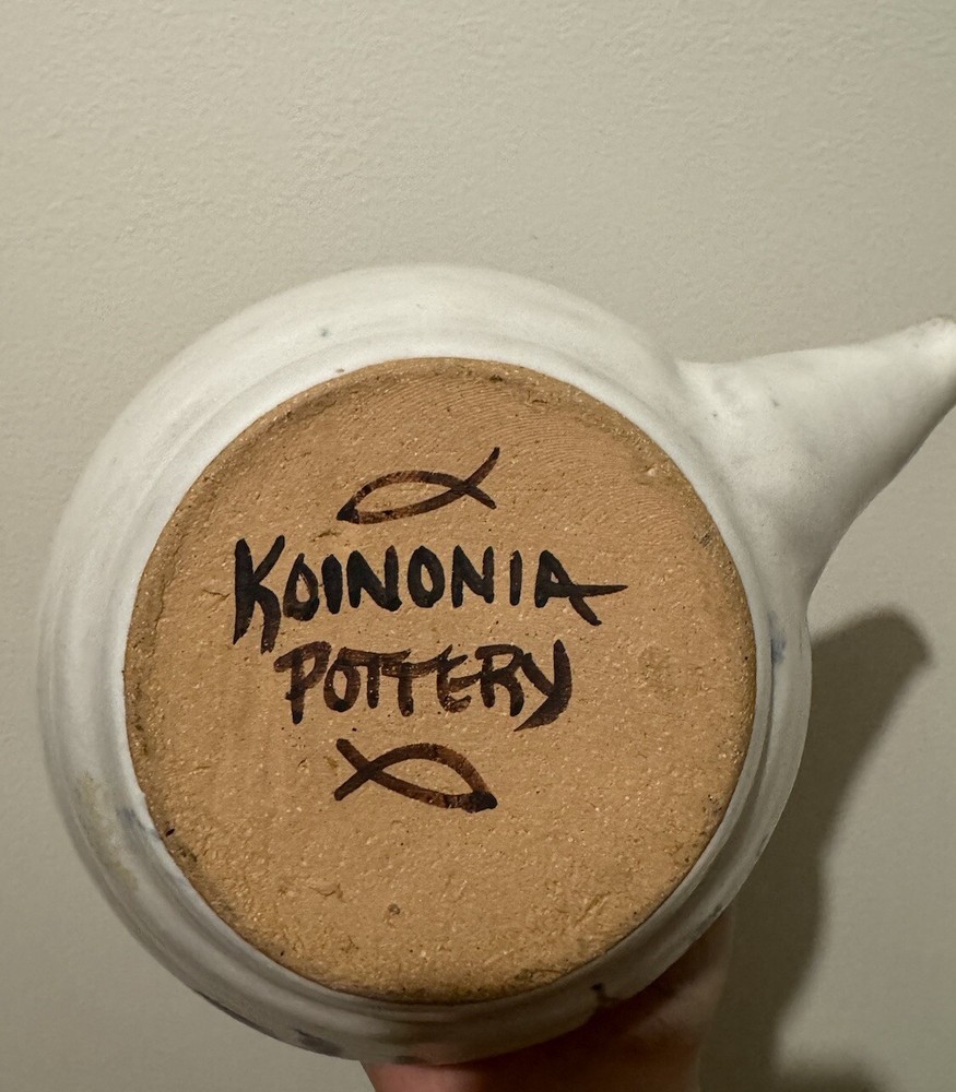 Handmade Art Pottery Teapot Blue Design Pattern Marked On Bottom.