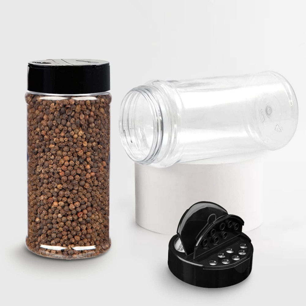 6 Pack 16 Oz Plastic Spice Jars with Black Cap, Clear and Safe Plastic Bottle Co