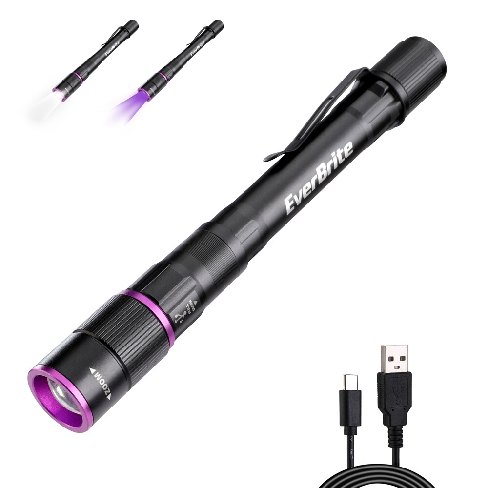 EverBrite Rechargeable Pen Flashlight UV Light White Light 395nm 4 Lighting Mode