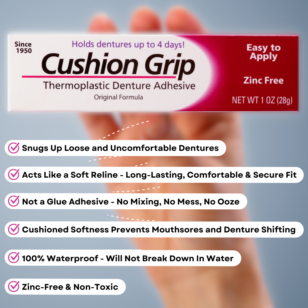 Cushion Grip Thermoplastic Denture Adhesive 1 Oz - 100% Waterproof & Zinc Free