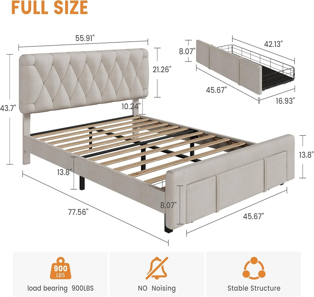 Full/Queen/King Size Upholstered Platform Bed Frame with Drawers and Headboard