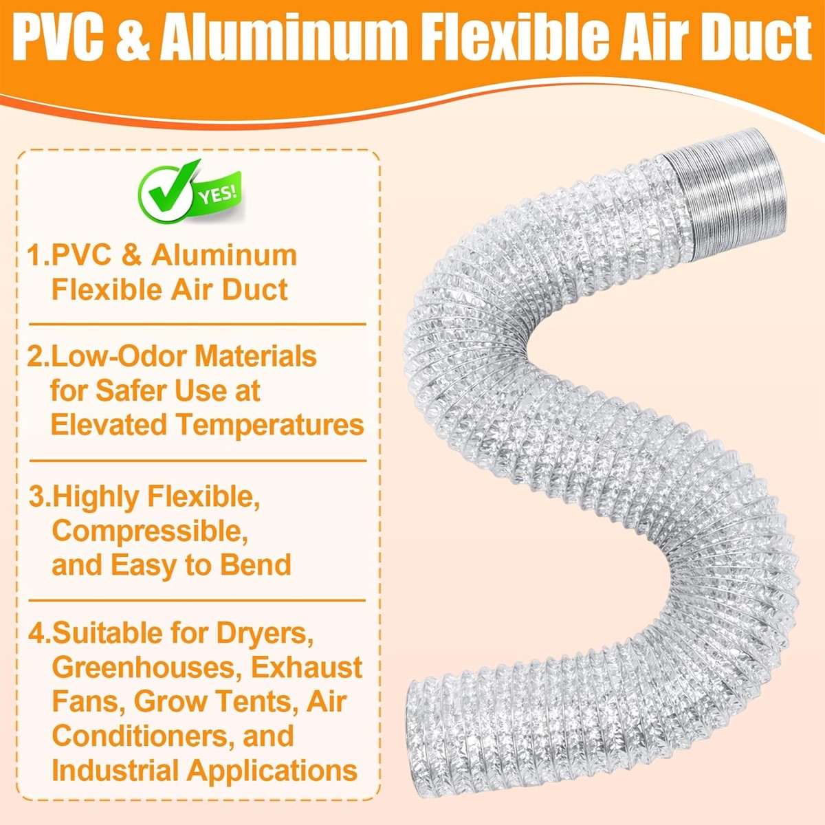 4 Inch 10ft Flex Air Ducting for HVAC Ventilation with 2 Stainless Steel Clamps