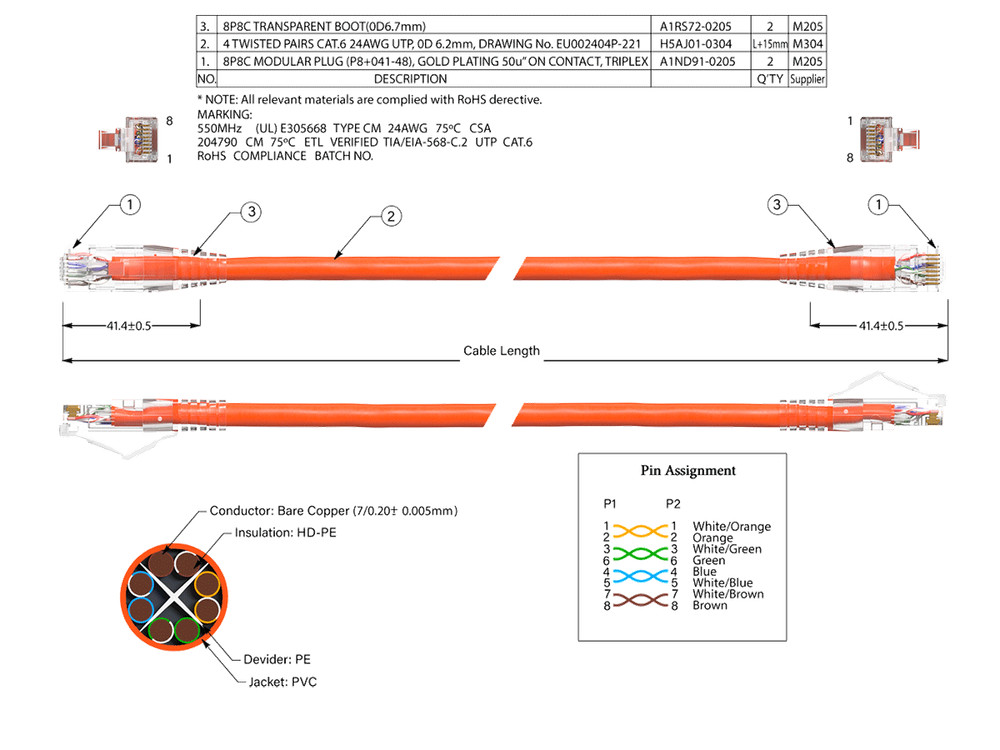 20ft Cat6 Ethernet Patch Cable with Clear Boot, UTP, Pure Bare Copper, Orange