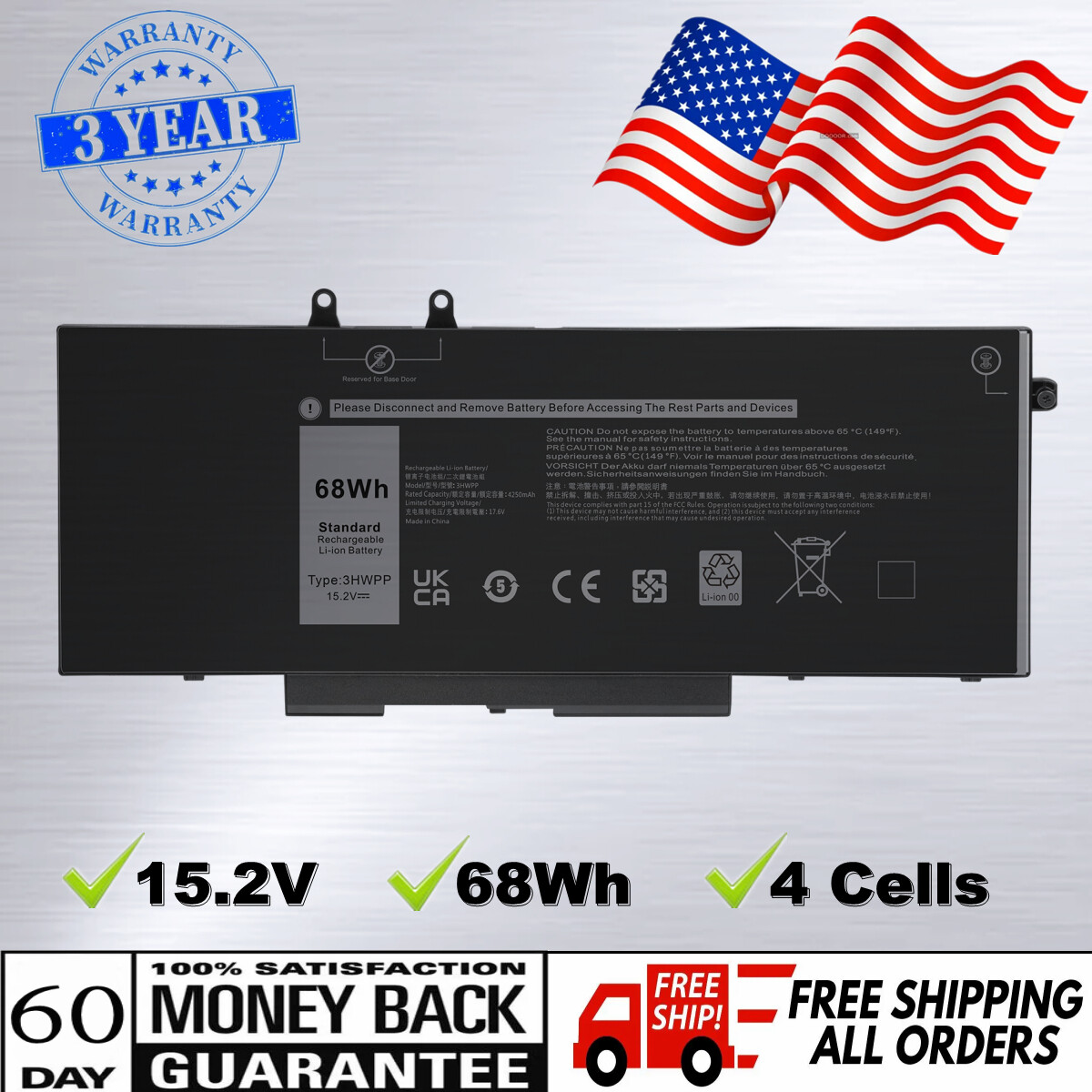 3HWPP Battery For Dell Latitude 14 5401 5411 15 5501 5511 Precision 3541 4cell