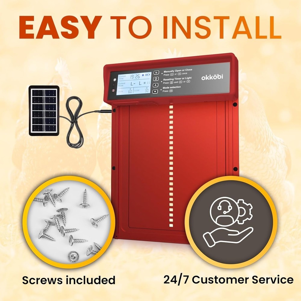 Solar Powered Automatic Chicken Coop Door with Timer/Light Sensor Modes - Red