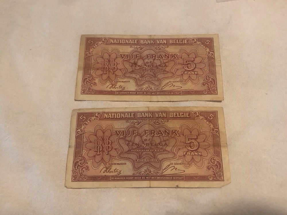 2 - 1943 Belgium - 5 Franc Notes WWII Era - Circulated