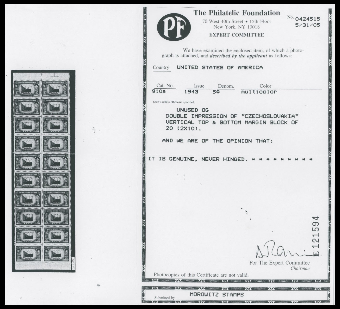 1943, USA, CZECHOSLOVAKIA 5C, DOUBLE IMPRESSION OF RED ENGR. COLOR, NH, SC.#910a