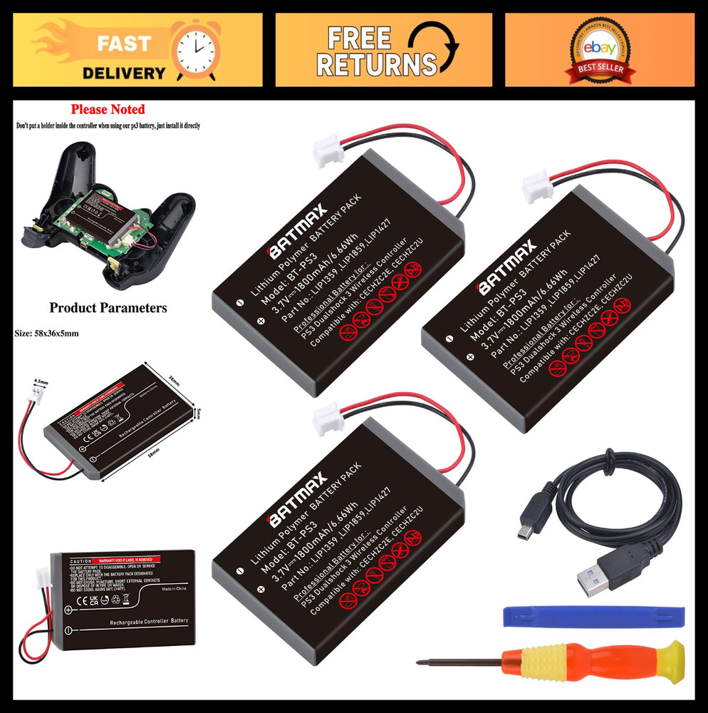 3 Pack 1800mAh Battery Replacement for PS3 DualShock 3 Wireless Controller