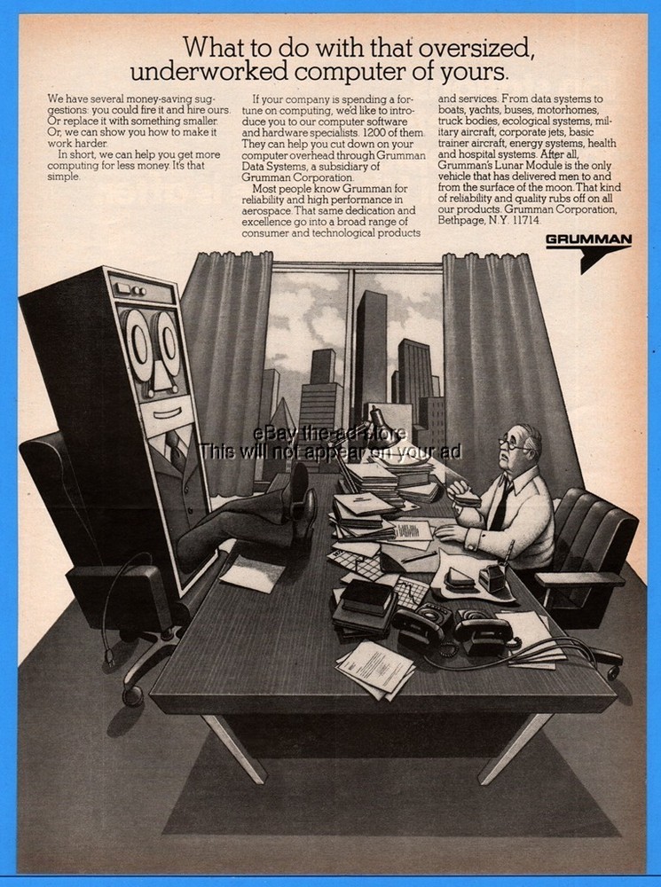 1973 Grumman Oversized Underworked Computer Office Data Systems Print Ad
