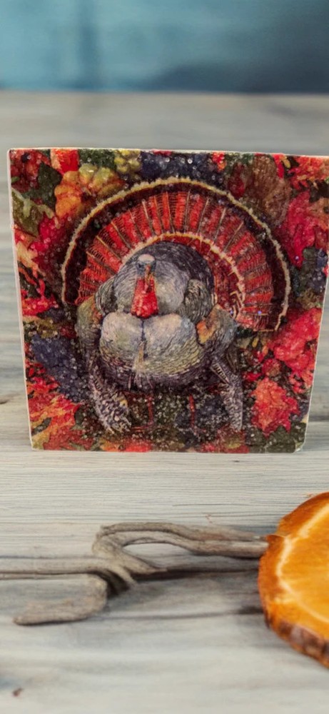 🦃 Thanksgiving Turkey Coaster Set (4) – Handmade, Water-Resistant, Gift-Ready