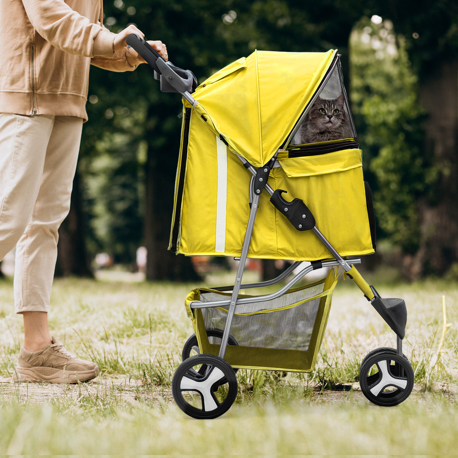 Yellow Foldable Dog Stroller Portable Pet Cat Carrier Cart w/Adjustable Sunshade
