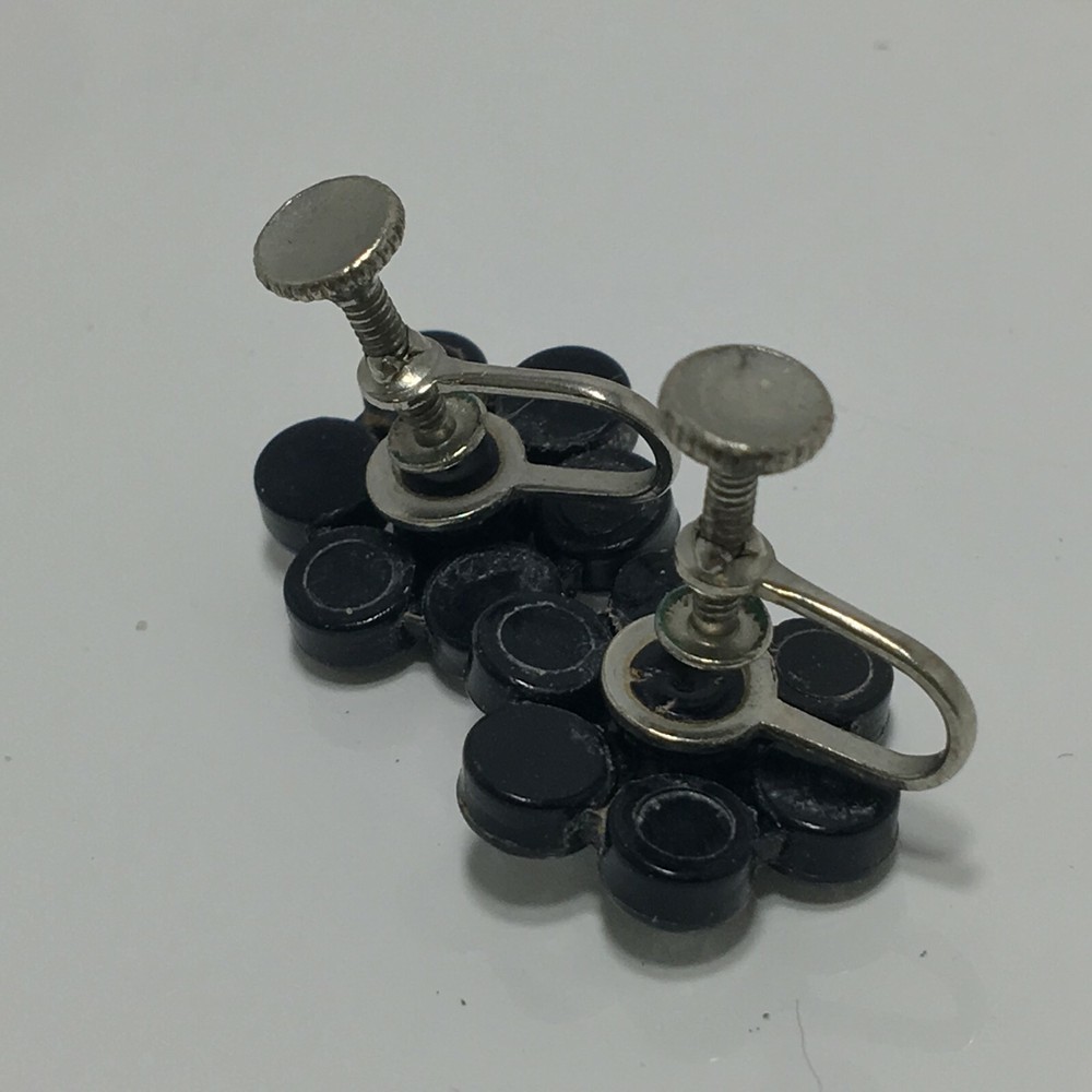 Vtg Unsigned Black Plastic Clear Rhinestone Cluster Screw Back Earrings
