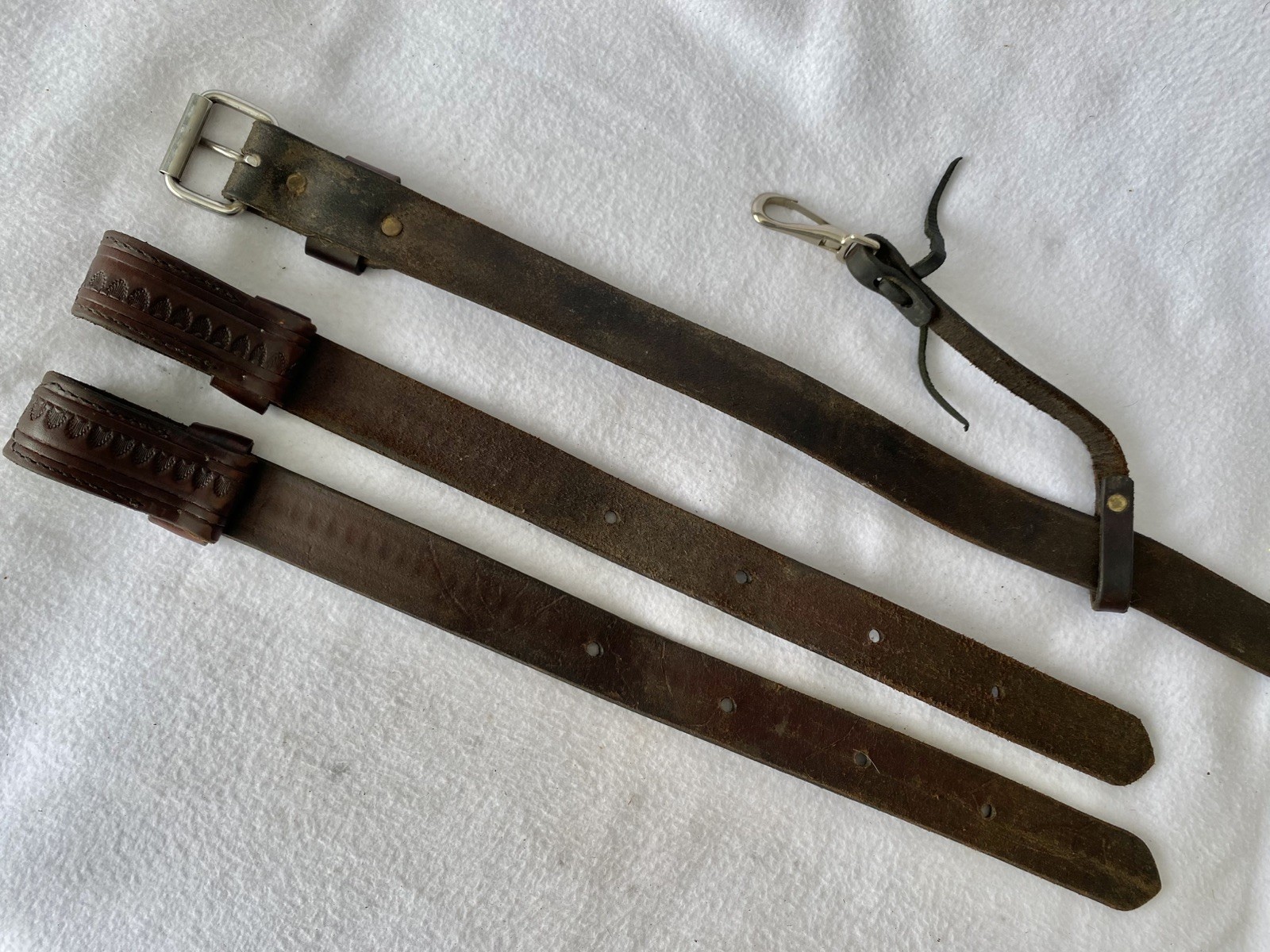 CIRCLE Y Shell TOOLED Walnut Leather Back Flank Cinch & Billet SET~LIGHTLY USED