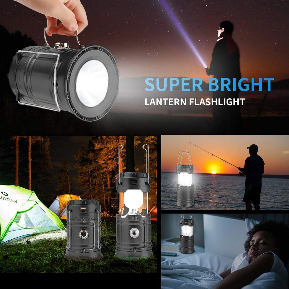 LED Camping Lantern, Solar and Rechargeable Lantern Flashlight Collapsible and P
