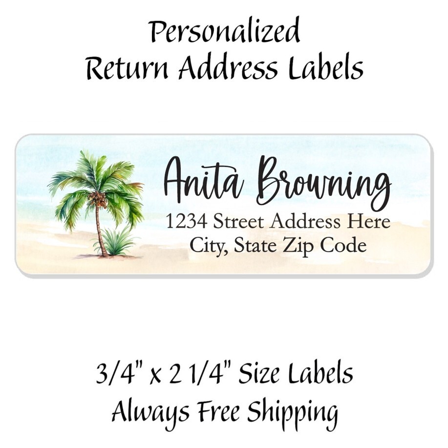 60 Return Address Labels Personalized Printed 3/4" x 2 1/4" Beach Scene