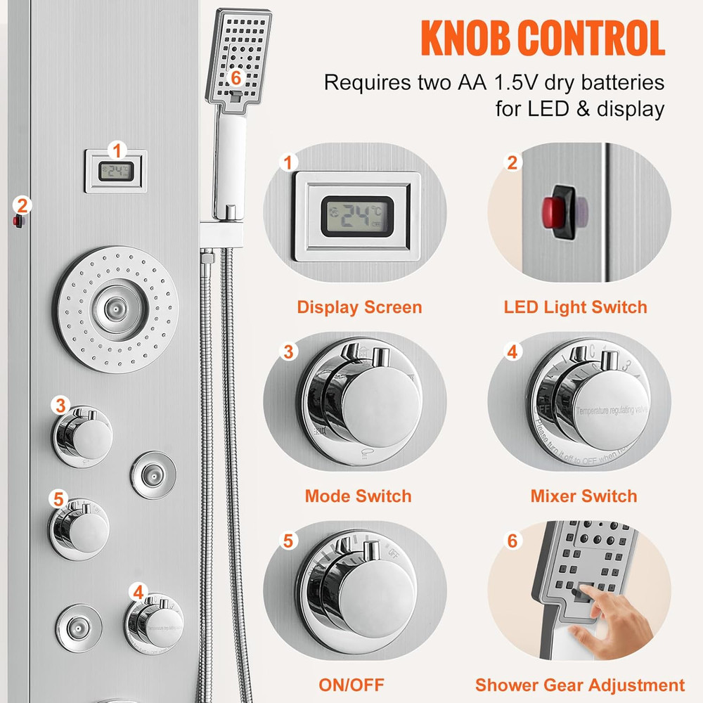Shower Panel Tower System, 6 Shower Modes, LED & Display Shower Panel, Rainfall,