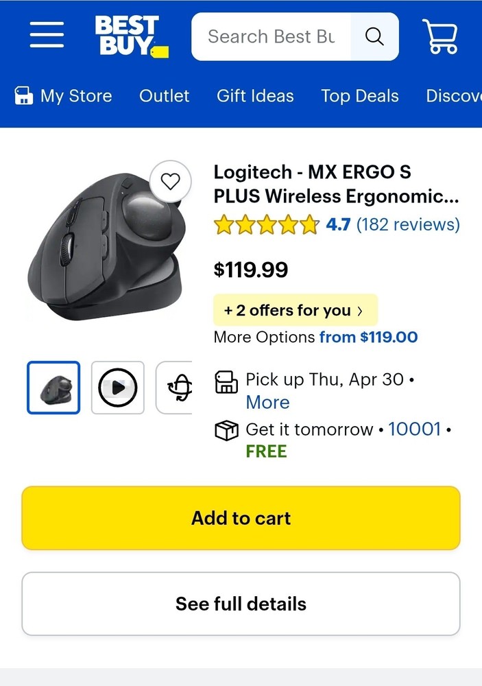 Logitech MX Ergo S Plus Advanced Wireless Ergonomic Trackball Mouse (Black)