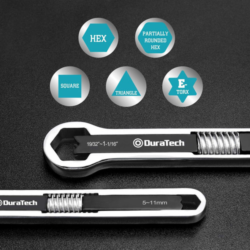 DURATECH Universal Wrench Set, Adjustable Doule Box End, Black, Silver