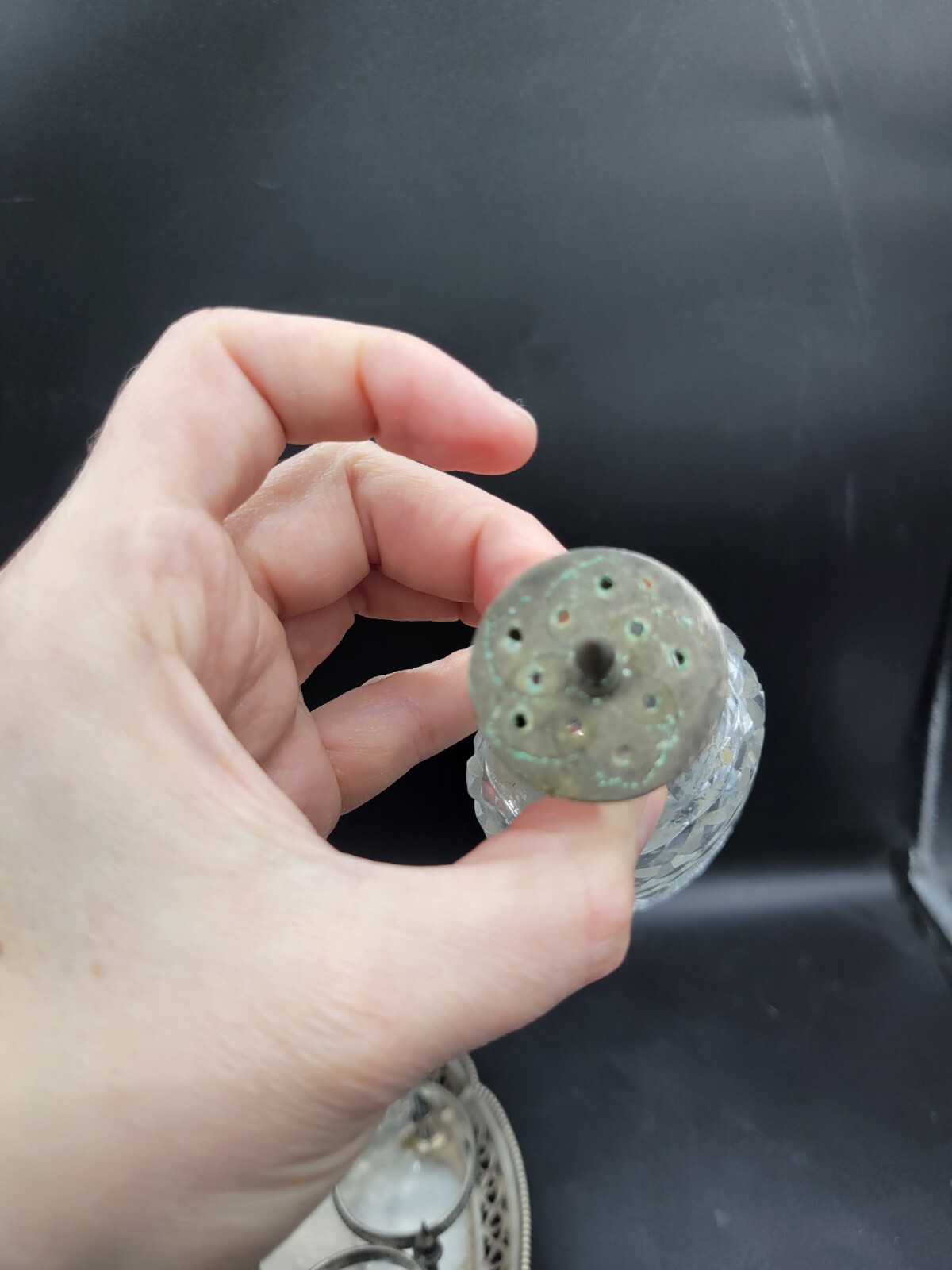 antique 1800's ornate cut crystal silver plate cruet condiment set caddy