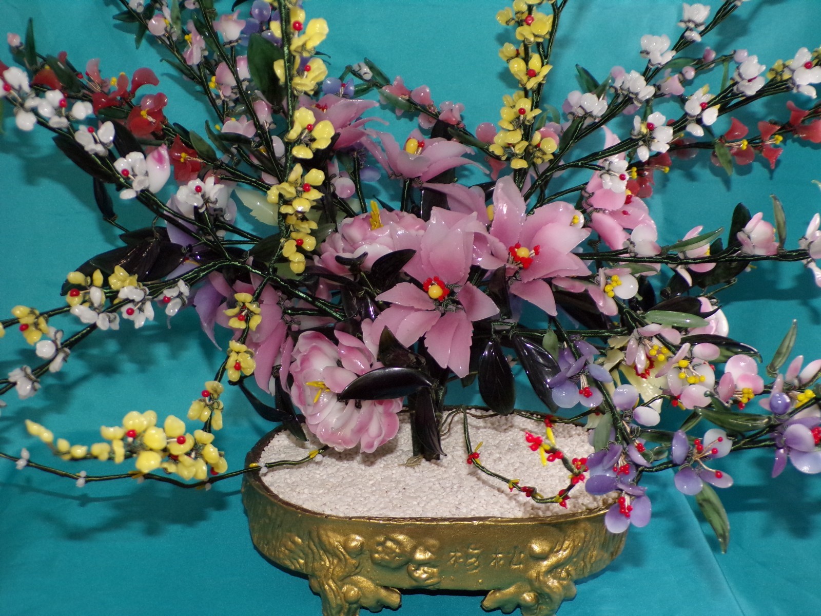 Large Jade Quartz Stone Glass Flower Bonsai Tree Vintage 20H x 30W Centerpiece